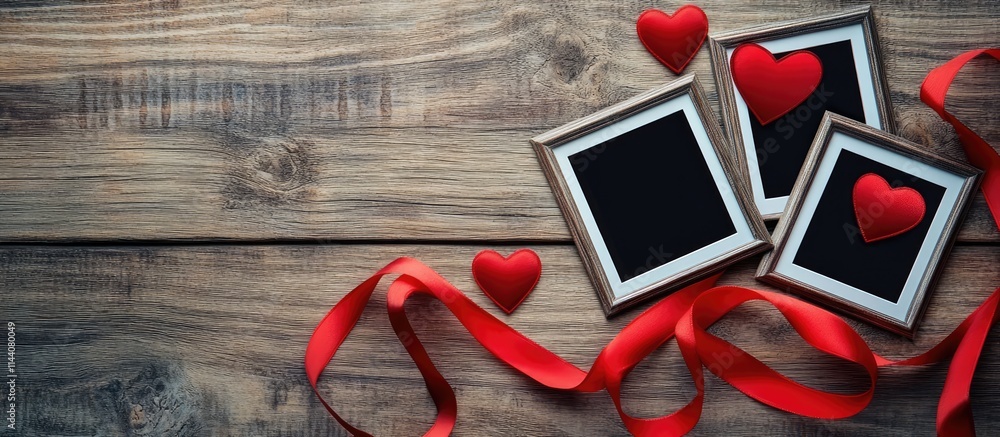 Aufkleber Heart shaped red ribbon and three empty photo frames on rustic wooden background for romantic or sentimental themed projects