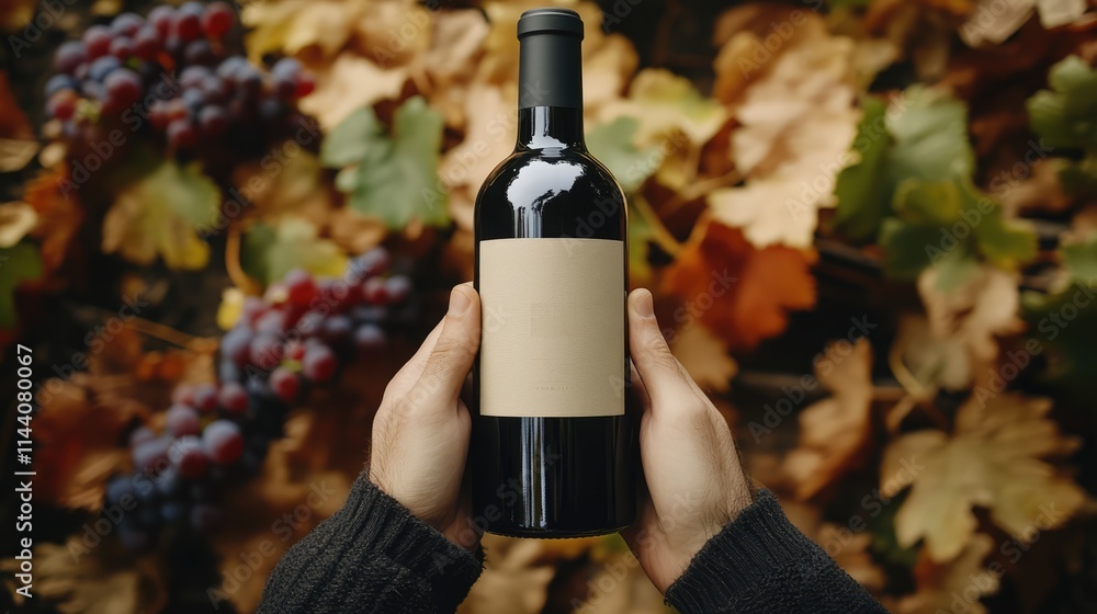 Poster hands presenting a dark red wine bottle with blank label surrounded by autumn leaves and grapes.