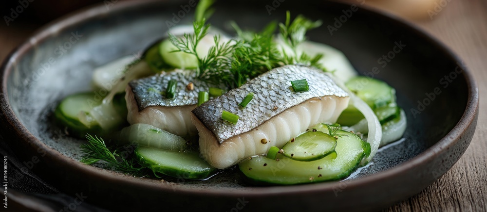 Poster fresh herring fillet garnished with onion and cucumber on a rustic plate with herbs and a wooden bac