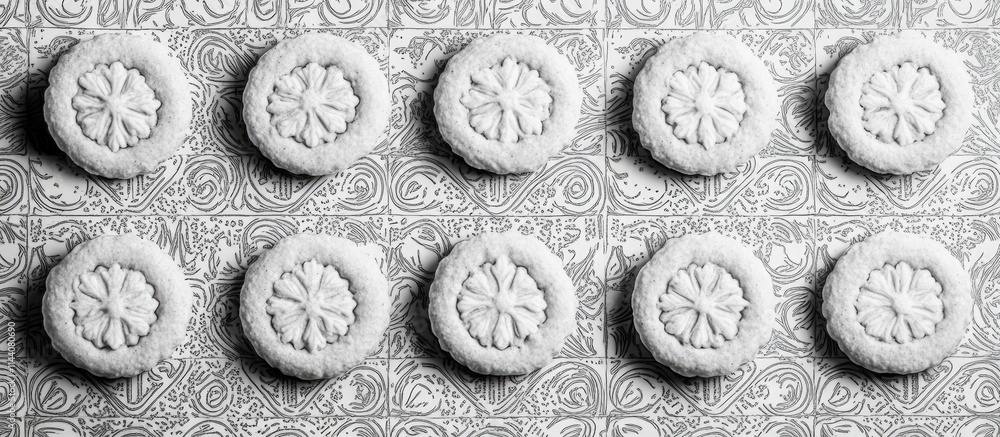 Aufkleber Homemade uncooked ginger cookies displayed on ornate patterned background showcasing overhead perspective in black and white aesthetics