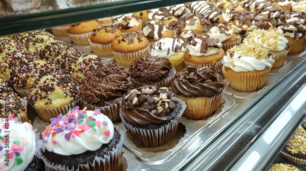 Poster colorful assortment of delicious handmade muffins and cupcakes displayed in a bakery showcase with v