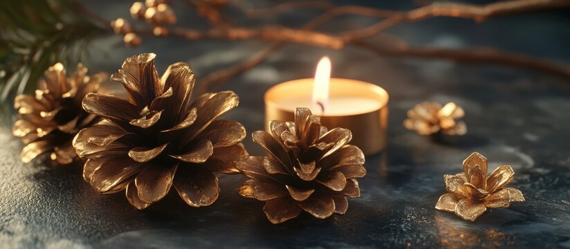 Golden pinecones and candlelight create a warm heart shaped holiday background with a blurred bokeh effect for festive designs.