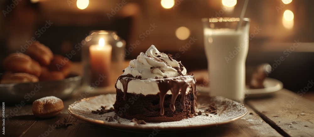 Poster homemade chocolate cake with whipped cream and icing sugar served with milk in a cozy setting with w