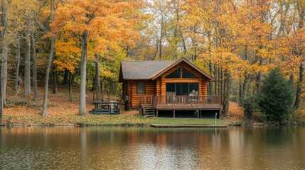 Obraz premium charming wooden cabin by the lake, surrounded by autumn trees, golden leaves reflecting on water, creating a serene and peaceful setting