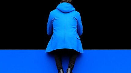Solitude in Blue: A man sits alone, viewed from behind, dressed in a vibrant blue coat against a stark, monochrome background.  The image evokes a sense of contemplation and mystery.