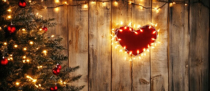 Heart shaped Christmas lights glowing on rustic wood backdrop with festive tree, ideal for holiday decoration and seasonal warmth