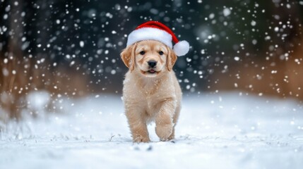 adorable golden puppy wearing Santa hat on snow-covered background, festive and heartwarming holiday theme, vibrant dynamic focus