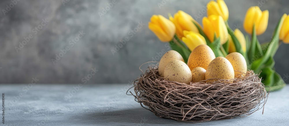 Poster Easter Decorative Eggs Nest with Yellow Tulips Background Spring Greeting Card Concept Space for Custom Text