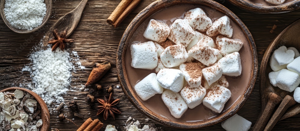 Poster cozy hot chocolate with marshmallows and spices on rustic wooden table featuring cinnamon and star a