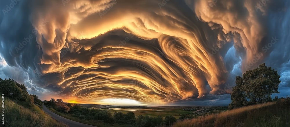Aufkleber dramatic high angle view of unique layered clouds against a vibrant sunset sky creating a breathtaki