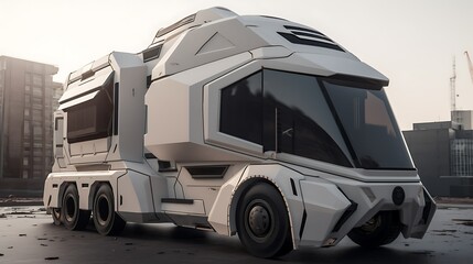 Futuristic white RV truck parked on city street.