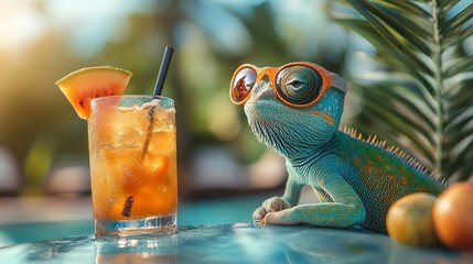 Colorful chameleon in sunglasses, enjoying a refreshing fruit cocktail by the pool under palm trees. Elegant tropical vacation vibes.