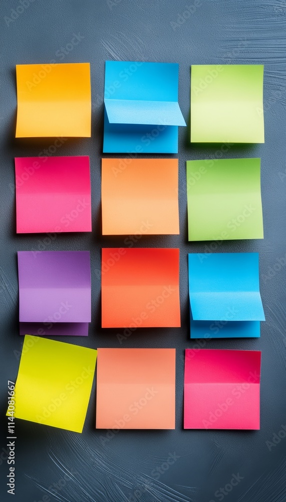 Poster colorful array of sticky notes are arranged in a grid on a gray surface
