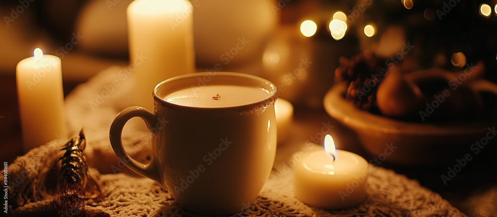 Poster cozy setting with egg nog in a white mug surrounded by candles and a festive atmosphere perfect for 