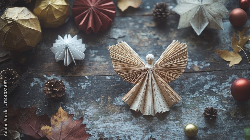 Poster handmade paper angel with festive ornaments on weathered wooden table in soft natural light creating