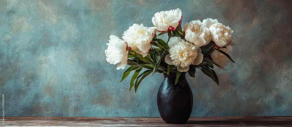 Poster springtime bouquet featuring white peonies in a black vase with handwritten message against a rustic