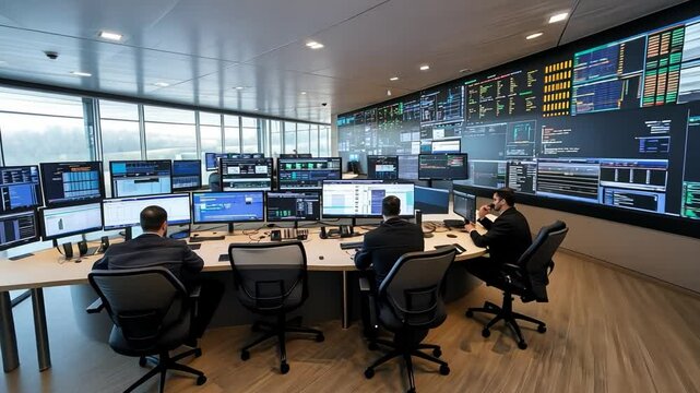 Modern Control Room: Team of engineers monitoring and managing complex systems.  High-tech digital displays provide real-time data.  A sense of focus and precision. 
