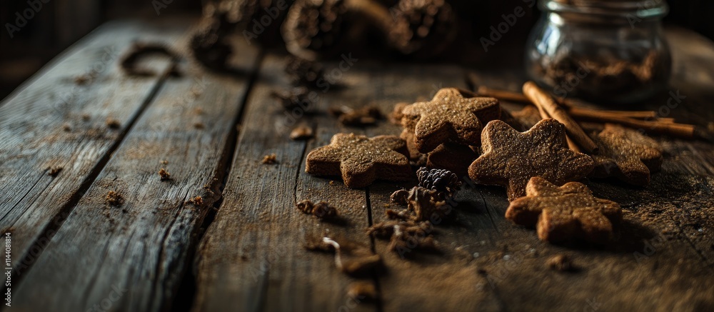 Poster Homemade gingerbread cookies arranged on a rustic wooden table with pinecones and spices creating a cozy winter atmosphere