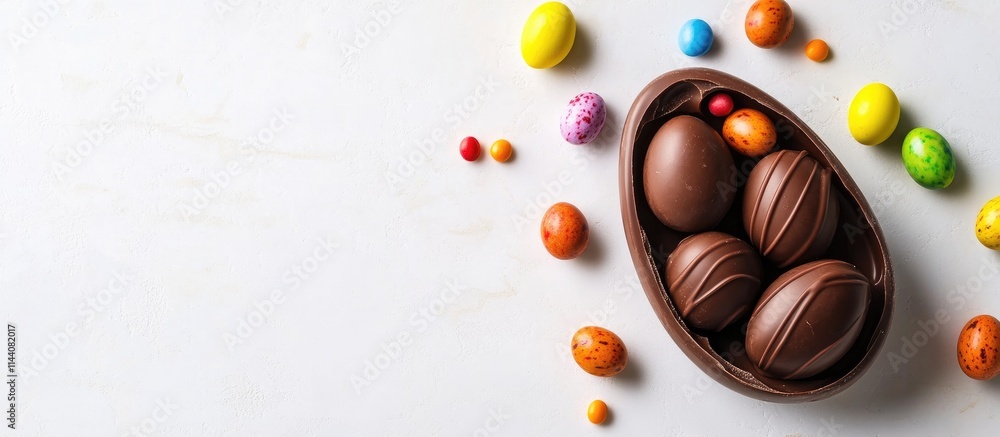 Aufkleber easter chocolate eggs and colorful candies displayed in a holder on a clean white background for sea