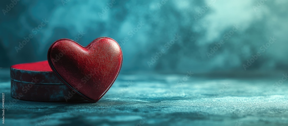 Poster heart shaped red gift box on a textured background with ample copy space for romantic or holiday the