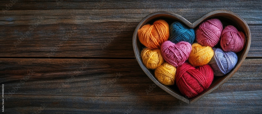 Poster heart-shaped box filled with vibrant yarn skeins and hooks on a rustic wooden surface ideal for knit