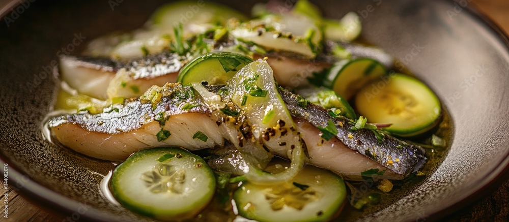 Aufkleber herring fillet with onion and cucumber garnished in a rustic bowl on wooden table