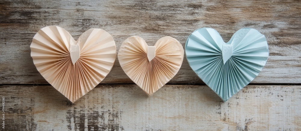 Poster three decorative paper hearts with bows arranged on rustic wooden surface, ideal for romantic or cra