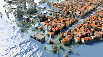 GIS Powered Flood Simulation Model Visualizing Urban Risk Zones for Disaster Preparedness and Mitigation Planning  Detailed 3D rendering of a flooded city environment with analytical data overlays