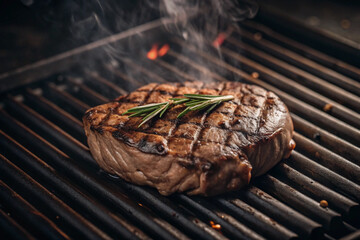 grilled meat on the grill,  Juicy grilled steak with perfect sear marks on a smoky barbecue grill