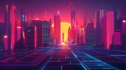 Neon-Lit City in a Futuristic Vector Illustration