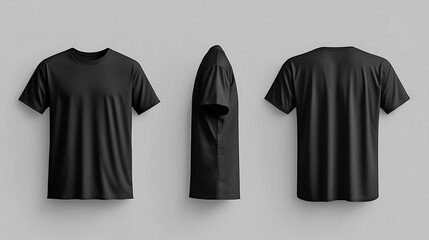 Black t-shirt mockup photo with three perspectives on grey background. AI Generated