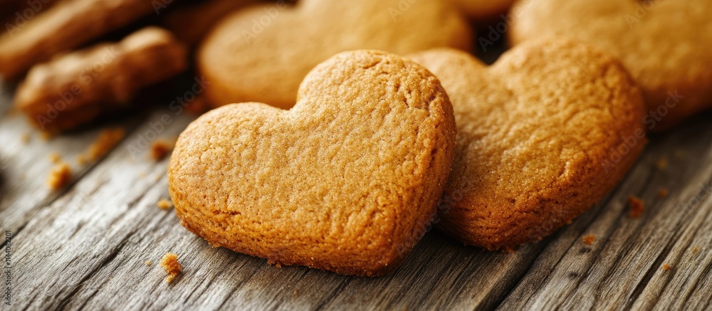 Poster heart shaped gingerbread biscuits arranged on rustic wooden surface with cinnamon sticks for a warm 