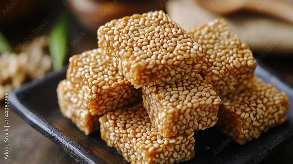 Poster handmade sesame candy squares stacked on a black plate showcasing a crispy and nutritious treat idea