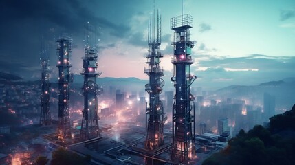 A sleek and advanced 5G cellular tower transmitting high speed wireless signals across the bustling urban skyline showcasing the technological progress and connectivity of the modern digital era