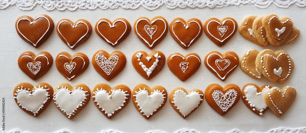 Aufkleber heart shaped cookies and gingerbread displayed in a decorative arrangement on a white tablecloth for