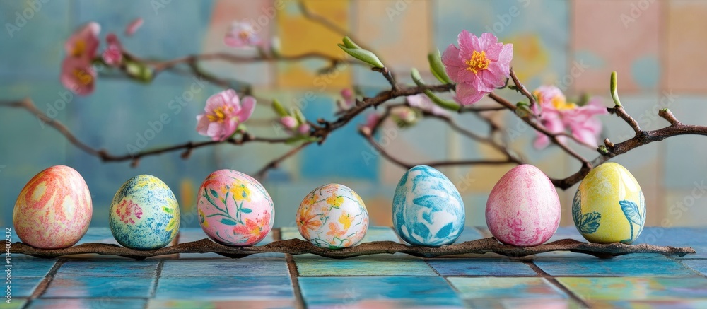 Aufkleber easter eggs arranged on vibrant tiles with blossoms creating a festive spring atmosphere ideal for s