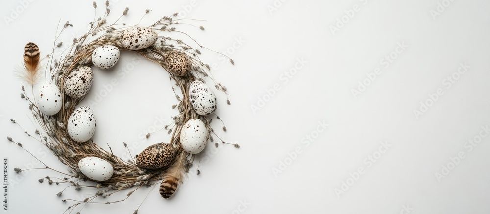 Aufkleber Easter wreath flat lay featuring birch branches quail feathers and decorative eggs on a white background space for greeting text viewed from above