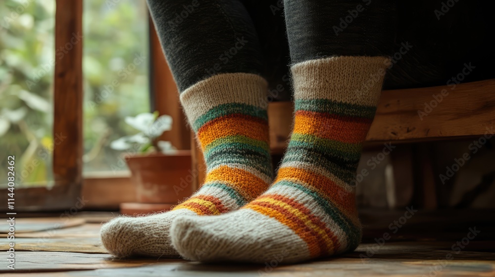 Poster cozy handmade woolen socks with vibrant stripes and patterns worn on a relaxed day indoors by a wind