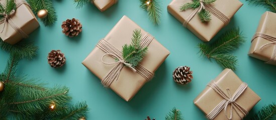 Festive flat lay of wrapped gifts surrounded by pine branches and pine cones on a teal background for a cheerful holiday atmosphere