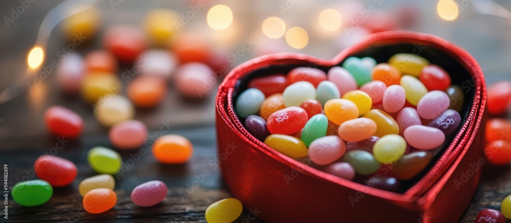 Poster heart shaped box filled with colorful jelly beans and a red gift box on wooden table with soft light