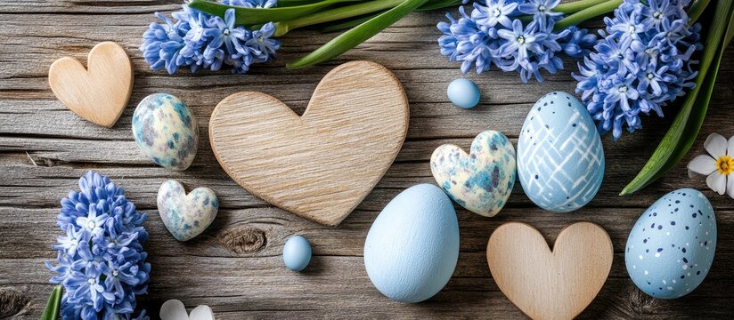 Easter decorations with grape hyacinth flowers wooden hearts and colorful eggs on rustic wooden background for festive holiday themes