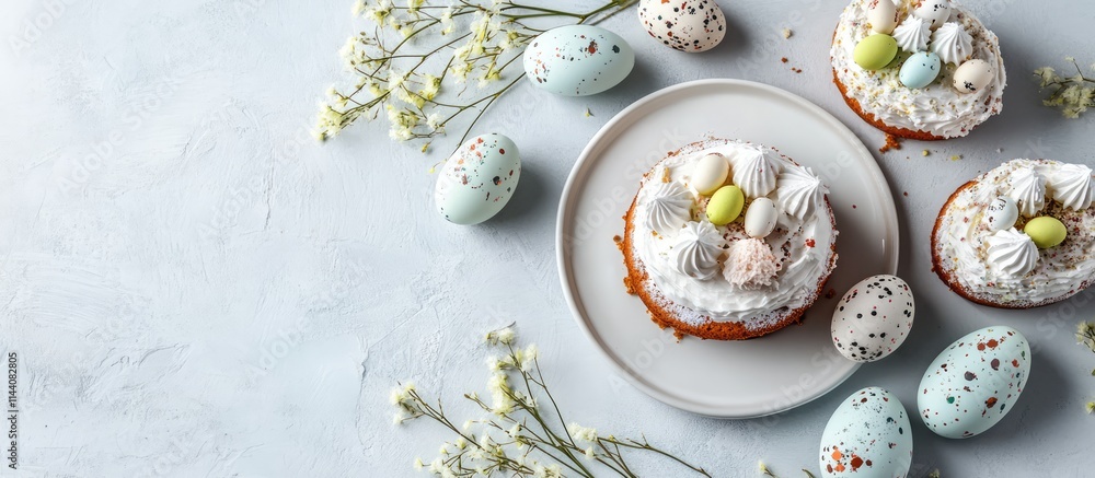 Aufkleber easter celebration flat lay with decorated eggs and a festive cake on a light grey table creating a 