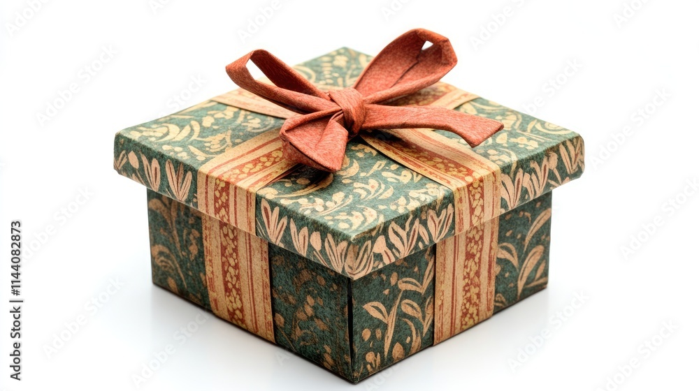 Poster Elegant handmade paper gift box with intricate design and ribbon on a clean white background for unique gifting ideas.