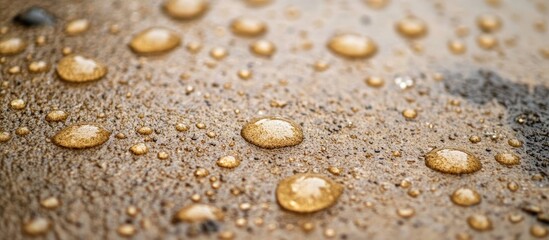 Close-up view of beach sand with rain droplets creating a serene natural scene depicting tranquility and beauty in nature's elements