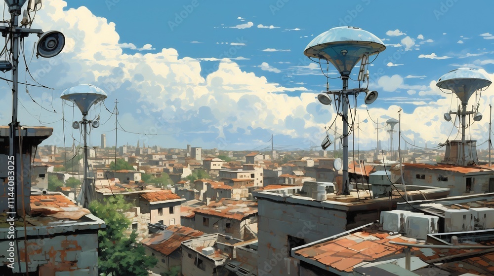 Poster aerial view of a rooftop filled with a dense array of satellite dishes and radio antennas in a bustl