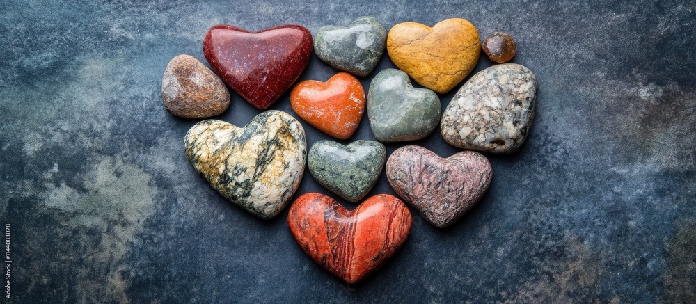 Poster colorful heart-shaped stones arranged symmetrically on a textured surface creating a charming and ar