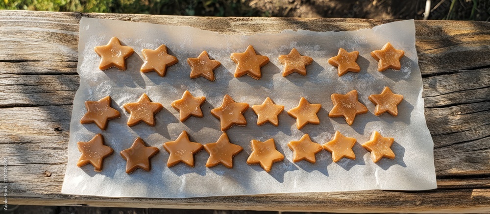 Poster homemade star-shaped cookies arranged on waxed paper showcasing different sizes ready for baking or 