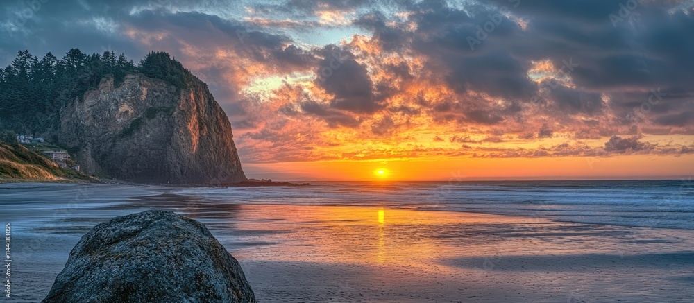 Poster stunning hdr sunset over ocean shore highlighting rock formation with colorful sky and calm waters c