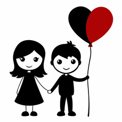  Cute Stick Figure Couple with red Heart Balloon