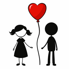  Cute Stick Figure Couple with red Heart Balloon